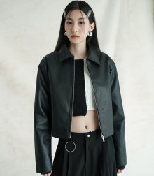 Basic Cropped Leather Jacket BLACK
