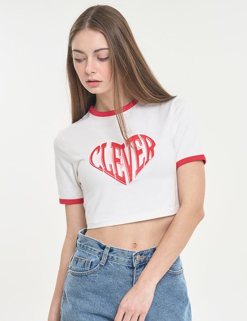 MUSINSA | CLEVER FIELD Heart Ringer Crop T-Shirt [Red]