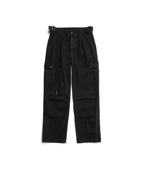 WASHED DENIM WIDE CARGO PANTS