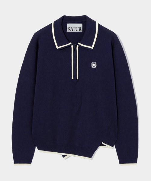 MUSINSA | SATUR Dublin Unbalanced Collar Half Zip Knit Navy Peony