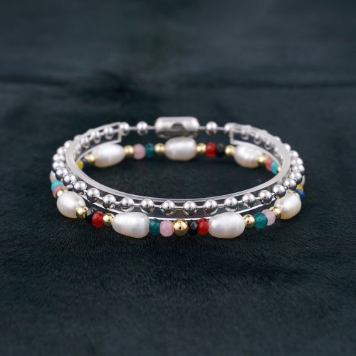 JBANS CLASSIC - 3-Cut Tied Surgical Steel Chain 795 Gold Daisy Pearl 937 Bracelet Set (C2301-SE283_IV)