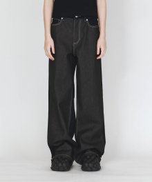 COMBINE TEXTURED DENIM PANTS BLACK