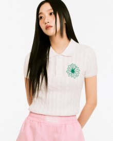 COTTON CABLE TOP COLLAR SHORT SLEEVE_WHITE GREEN