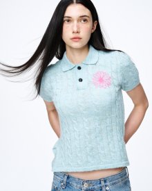 MOHAIR CABLE TOP COLLAR SHORT SLEEVE_MINT PINK
