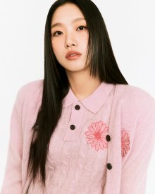 MOHAIR CABLE TOP COLLAR SHORT SLEEVE_PINK HOTPINK