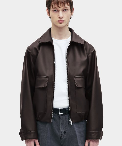 MUSINSA | LEIRE Minimal vegan leather single jacket [Brown]