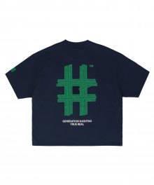 [우먼즈] 뉴 그린 테이핑 해시태그 오버핏 반팔 티셔츠(네이비)