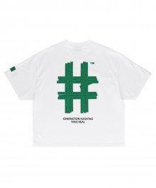 [우먼즈] 뉴 그린 테이핑 해시태그 오버핏 반팔 티셔츠(오프 화이트)