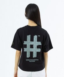 [우먼즈] 뉴 리플렉티브 해시태그 오버핏 반팔 티셔츠(블랙)