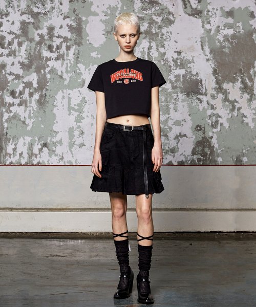 우알롱(WOOALONG) Cargo pleats denim mini skirt - BLACK