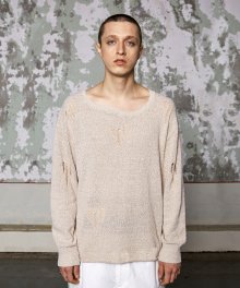 Mesh curved neck knit long sleeve - BEIGE