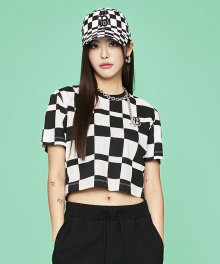 여성 체커보드 전판패턴 크롭 반팔 티셔츠 BOS (Black)