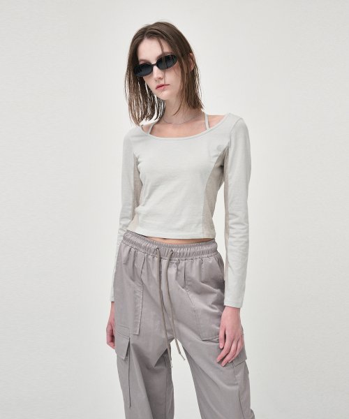 Tシャツ・カットソー [ ETMON ] Color Block Halter Neck T-Shirt 에트몽]Color Block Halter Neck T-Shirt, Ash Blue