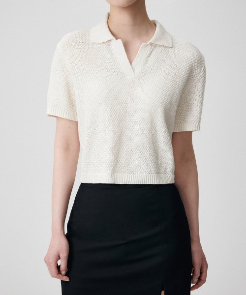 WOMENS LINEN BLEND TEXTUкрасный KNITED POLO рубашка [IVORY]