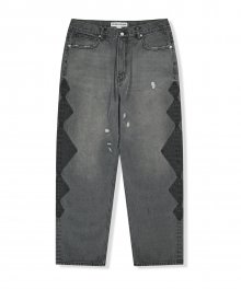 Rhombus Washed 5 Pockets Denim Pants Grey