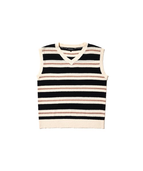 우알롱(WOOALONG) Stripe over fit knit vest - BLACK - 사이즈