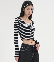 LINA Stripe crop cardigan BLACK