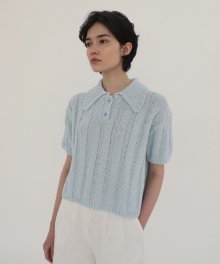 Spread-Collar Crop Knit - Sky blue