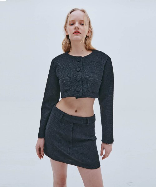 Твидовый жакет без воротника (Black)