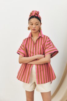 Oversized Rolled Up Half-Sleeved Shirt, Pink Brown