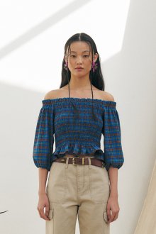 Smocked checked Off-the-Shoulder Blouse, Blue Check