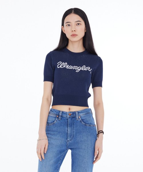 랭글러(wrangler) 우먼즈 크롭 로프로고 하프 니트 네이비