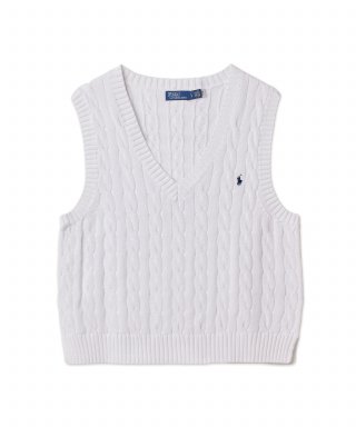 폴로 랄프 로렌(POLO RALPH LAUREN) 케이블 니트 코튼 V넥 스웨터 베스트 - 화이트