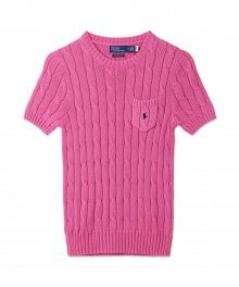 W 케이블 니트 코튼 숏 슬리브 스웨터 - 핑크