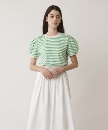 A STRIPE JACQUARD PUFF SLEEVE T_GREEN