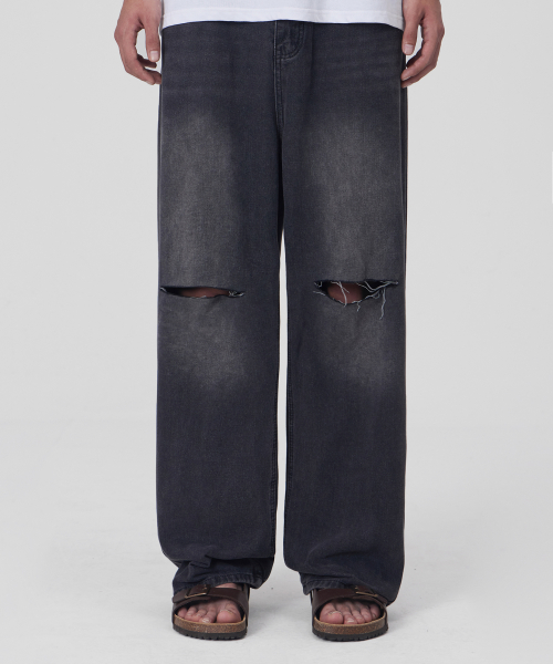 MUSINSA | GLW Easy Wide Damage Denim Pants Washed Black