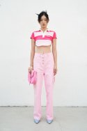 문스워드(MOONSWARD) 핑크 스트라이프 숏 피케 셔츠