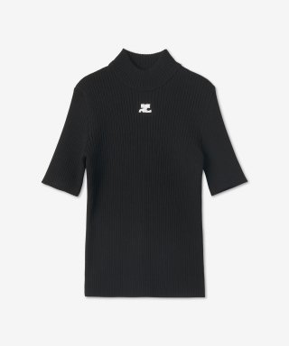 꾸레쥬(COURREGES) 로고 니트 반소매 티셔츠 - 블랙 / PERMPU026FI00019999