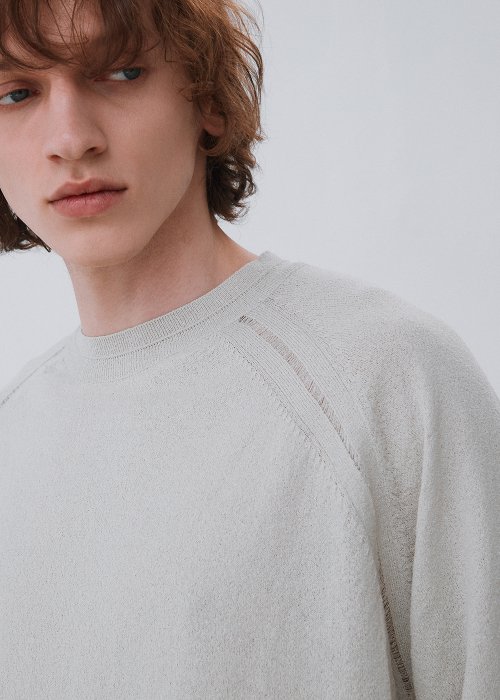 우마뭉(umarmung) Linen boucle mesh raglan crewneck pullover_Green tea