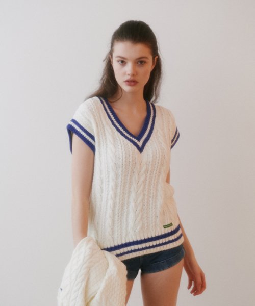 Oversized Cable Stripe Vest( Ivory)