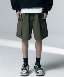 Nylon Big Pocket Wide Shorts - Khaki