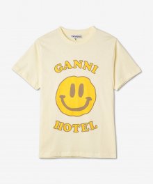 여성 호텔 스마일 로고 프린트 반소매 티셔츠 - 라이트 옐로우 / T3224302