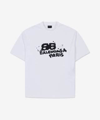 발렌시아가(BALENCIAGA) 남성 핸드 드로운 BB 아이콘 미디움 핏 티셔츠 - 화이트...