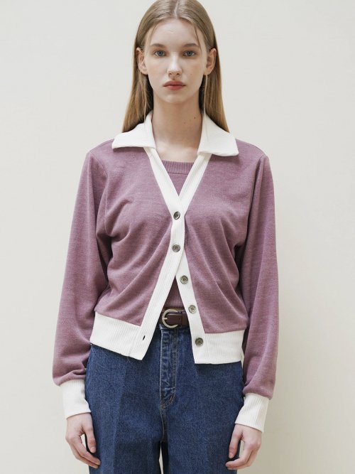 [ SET] BECKY COLORING COLLAR KNIT CARDIGAN( PINK)