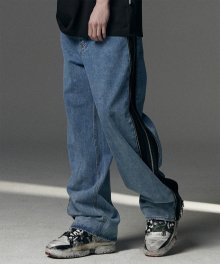 Side Zipper Incision Denim Pants - Deep Blue