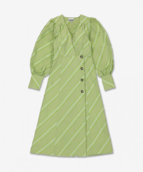 가니(ganni) 퍼프 슬리브 브이넥 스트라이프 원피스 - 라이트 그린 / F6582880