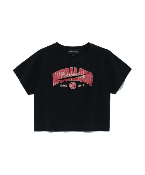 우알롱(WOOALONG) Lettering slit span crop T-shirt - BLACK