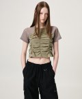 Knit Sleeve Shirring T-Shirt, Khaki