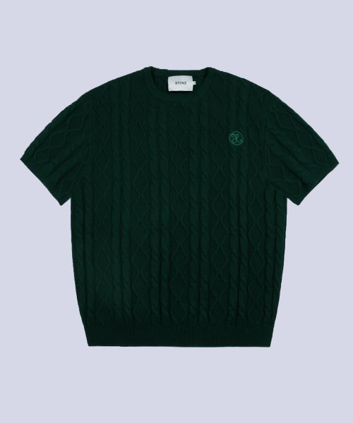 엑스톤즈(xtonz) XTK049 머틀 라운드 넥 반팔 케이블 니트 (DEEP GREEN)