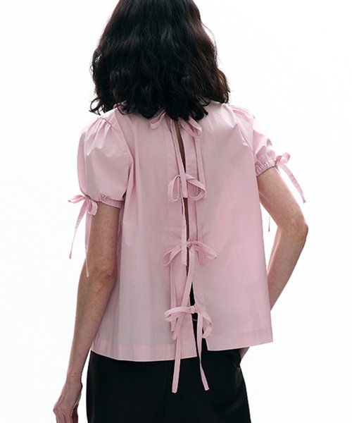 MUSINSA | PARTIMENTO WOMEN Open Back Ribbon Puff Blouse_Pink