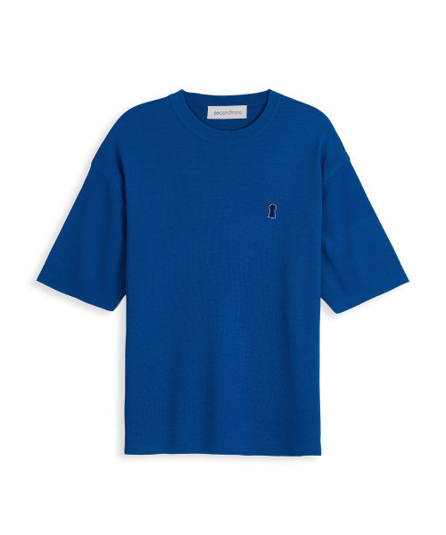 세컨모놀로그(secondmonolgue) 키홀 라운드 숏 슬리브 썸머 니트 코발트블루 SEKT006CO.BLUE