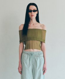 SHEER RIBBED KNIT TOP [KHAKI]