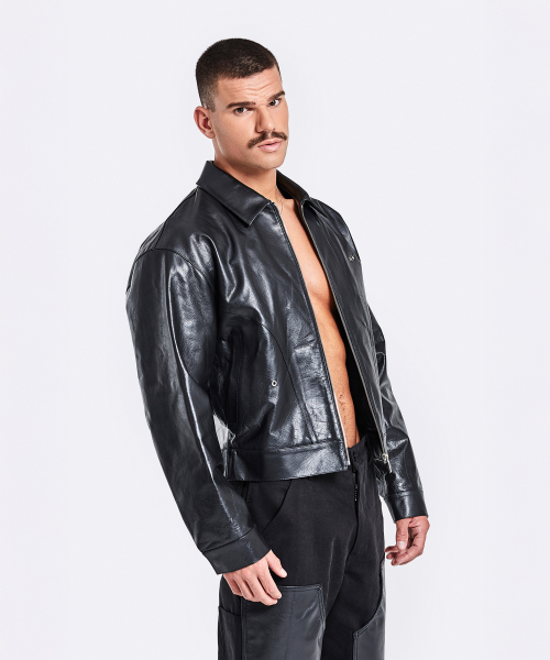 bulky leather jacket - чёрный