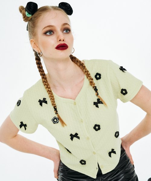 아더월들리(otherworldly) 라운드넥 리본 가디건 [레몬 플라워]