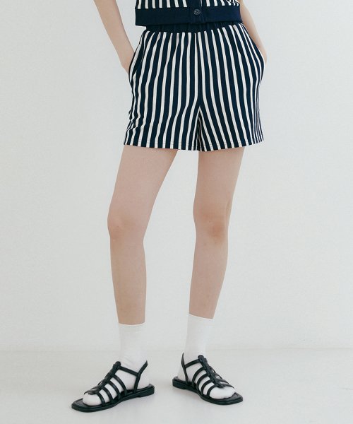 navy and white striped shorts