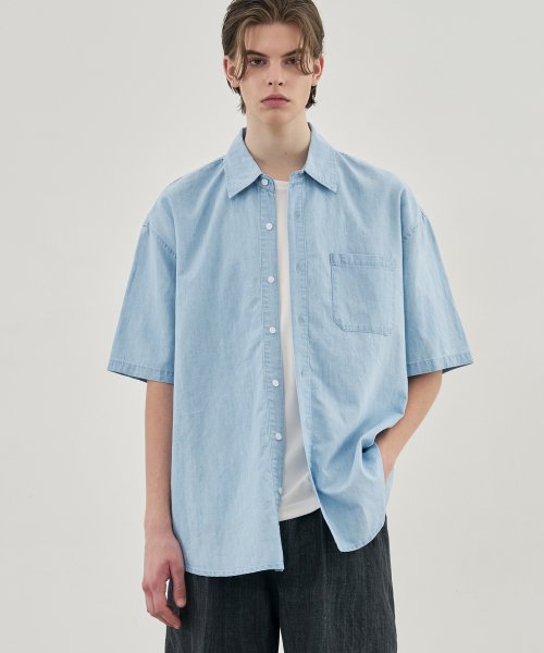 MUSINSA DRAWFIT Icy Linen Denim Short Sleeve Shirt L.BLUE